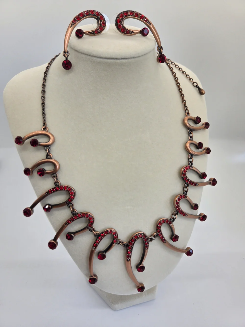 Red Crystal Crescent Drop Necklace and Earring Set, Copper Tone